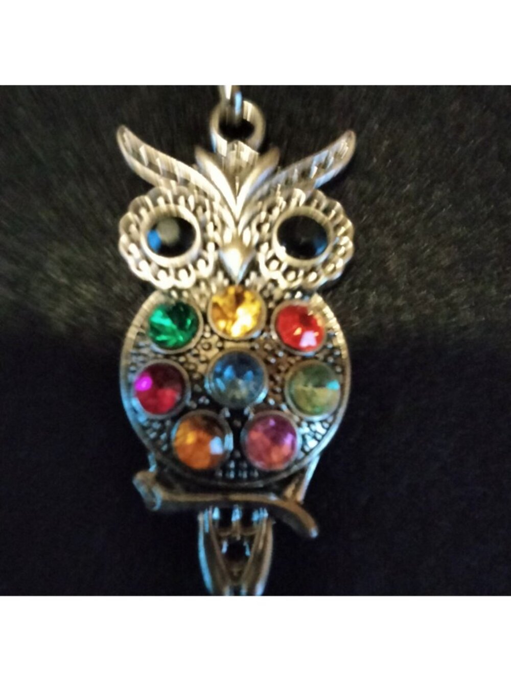 Colorful Owl Pendant Rhinestones Silver Tone - Picture 3 of 4